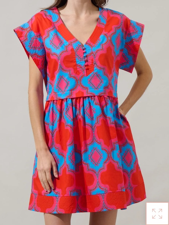 Sugarlips Dresses & Skirts - Sugarlips Red & Bright Blue Geometric V-Neck Cotton Mini Sundress. Size Small.